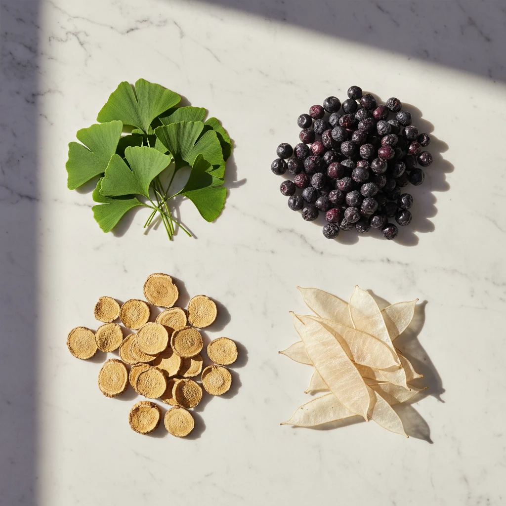 Four botanical raw ingredients flat-lay - herbal extracts for normal fat metabolism