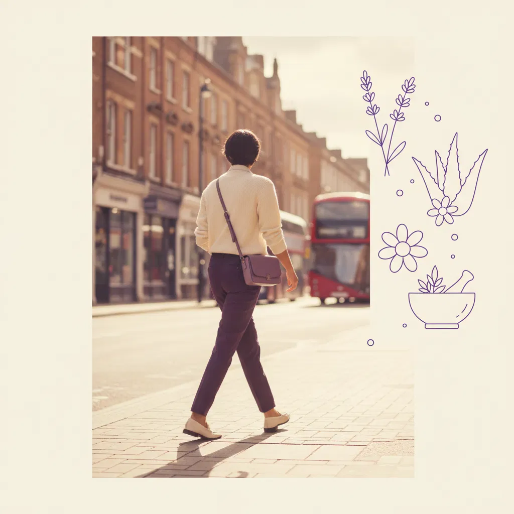 Anonymous person walking confidently on a UK high street - plant-based supplement for active lifestyle UK